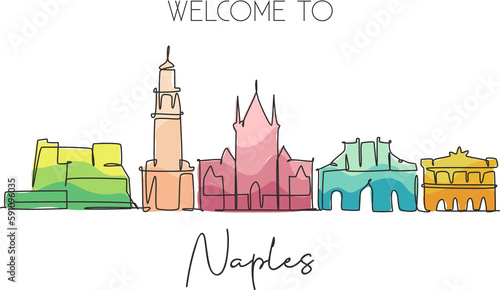One single line drawing of Naples city skyline, Italy. Historical skyscraper landscape in world. Best holiday destination wall decor poster art. Trendy continuous line draw design vector illustration