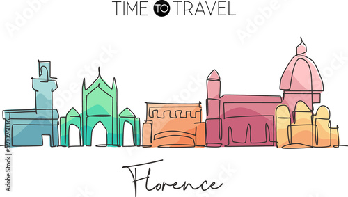 Single continuous line drawing of Florence city skyline, Italy. Famous skyscraper landscape in world. World travel concept wall decor poster print art. Modern one line draw design vector illustration