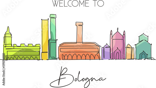 One continuous line drawing of Bologna city skyline, Italy. Beautiful skyscraper. World landscape tourism travel vacation wall decor print concept. Stylish single line draw design vector illustration