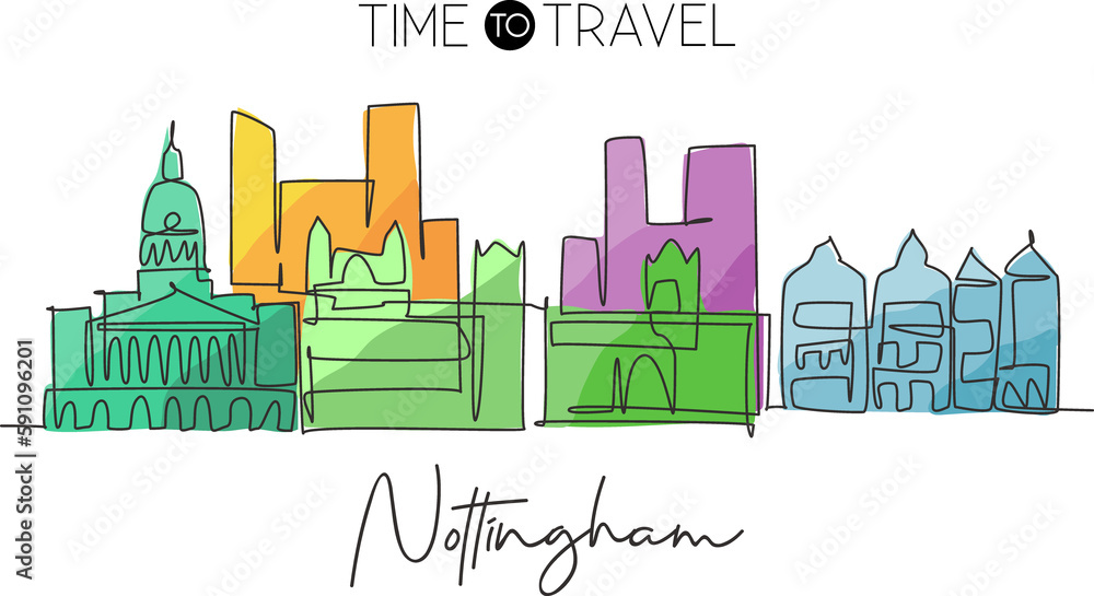 One continuous line drawing of Nottingham city skyline. Beautiful city skyscraper. World landscape tourism travel vacation home wall decor poster concept. Single line draw design vector illustration