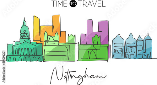 One continuous line drawing of Nottingham city skyline. Beautiful city skyscraper. World landscape tourism travel vacation home wall decor poster concept. Single line draw design vector illustration