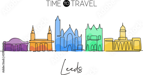 One single line drawing Leeds city skyline. Historical city skyscraper landscape in world. Best destination holiday vacation home wall decor concept. Continuous line draw design vector illustration