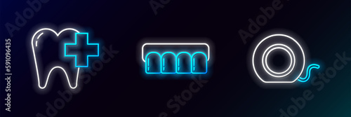 Set line Dental floss, clinic for dental care tooth and Dentures model icon. Glowing neon. Vector
