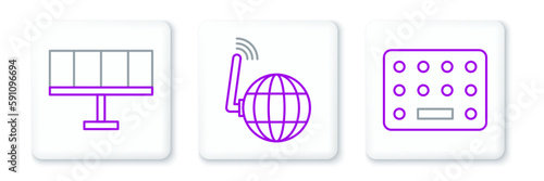 Set line Pills in blister pack, Solar energy panel and Social network icon. Vector