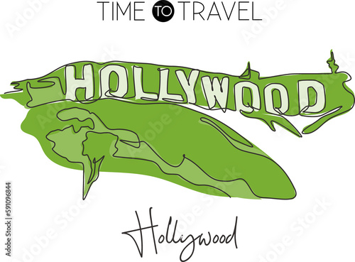 One continuous line drawing of Hollywood sign landmark. World iconic place in California, USA. Holiday vacation wall decor poster print concept. Vector illustration