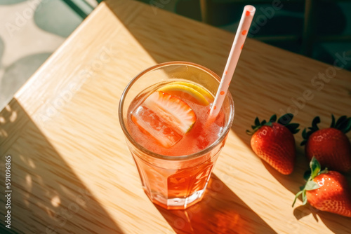 From above view glass of fresh strawberry lemonade with ice. generative ai.