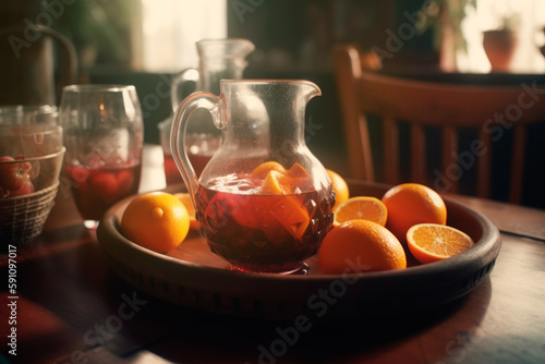 Glass jug and cups full of sweet Spanish sangria made of fruits. generative ai.