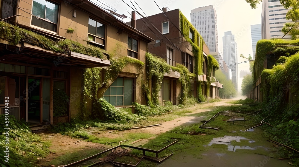 Post apocalyptic overgrown city, empty street, generative ai
