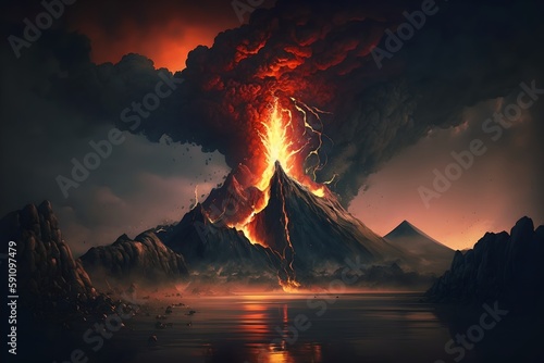 Volcano erupting  earthquake and natural disaster  huge smoke cloud and lava flows  fire in nature  generative ai illustration