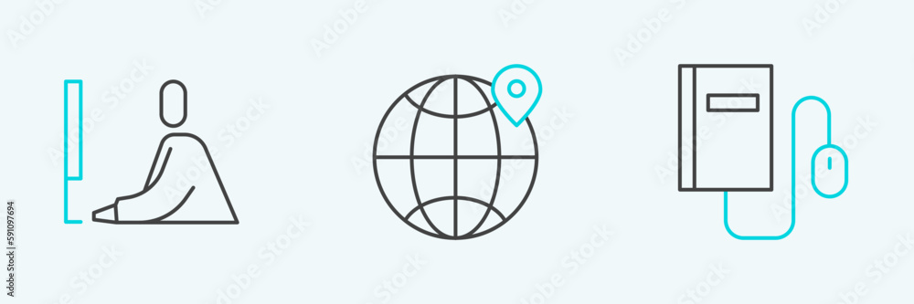 Set line Electronic book with mouse, Student working at laptop and Location the globe icon. Vector