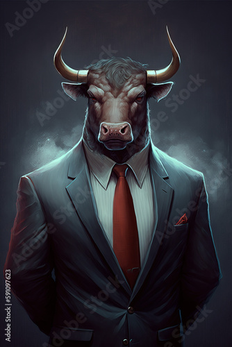 Bull man dressed in a suit Illustration in gray tones.