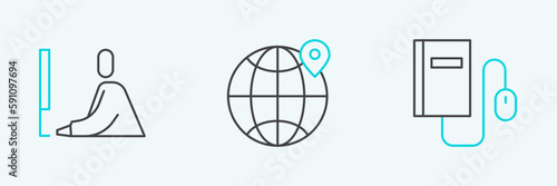 Set line Electronic book with mouse, Student working at laptop and Location the globe icon. Vector