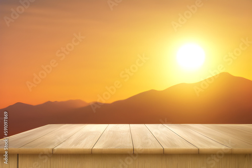 Wooden Table With Blurred Sunset Behind Mountains Background