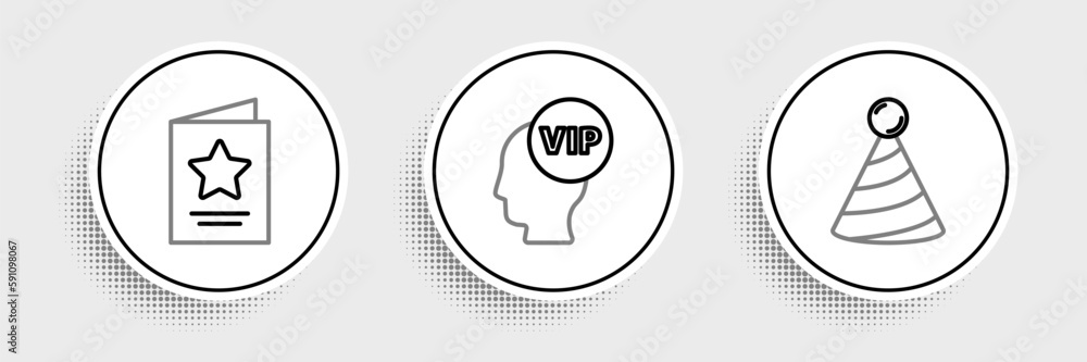 Set line Party hat, Greeting card and Vip inside head icon. Vector Set line Party hat, Greeting card and Vip inside head icon. Vector