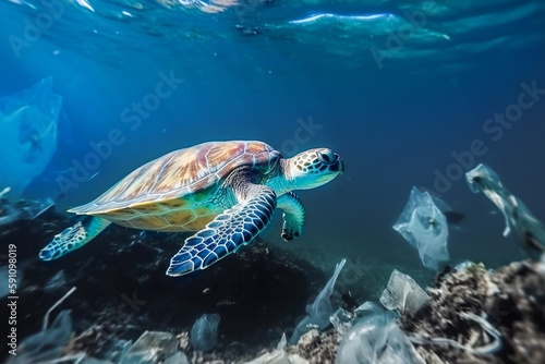 Wasserschildkröte zwischen Plastikmüll und einem toten Korallenriiff with Generative KI