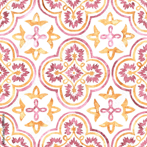 Seamless watercolor tile pattern. Square ceramic tiles for floor. Handwork with paints on paper. Vintage illustration.