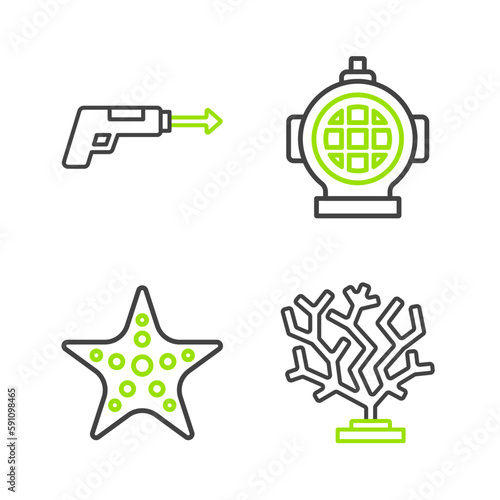 Set line Coral, Starfish, Aqualung and Fishing harpoon icon. Vector