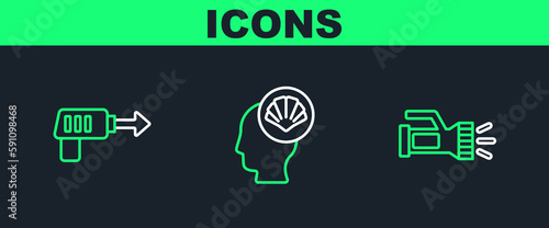 Set line Flashlight, Fishing harpoon and Scallop sea shell icon. Vector
