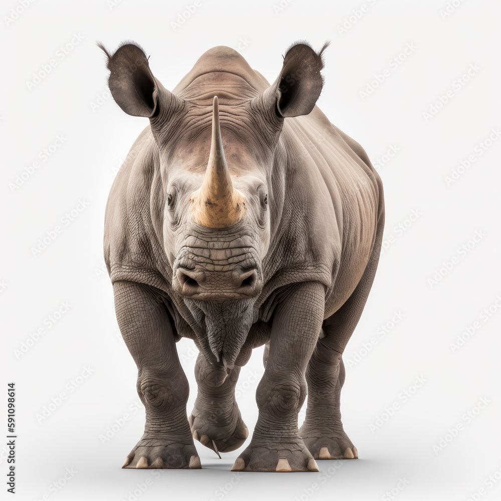 Fototapeta premium Rhino on white background. African wild animal. Generative AI