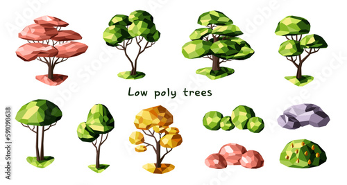 Set of low poly trees, bushes, and stones. Geometric 3D trees. Entourage elements for the landscape design. Vector.