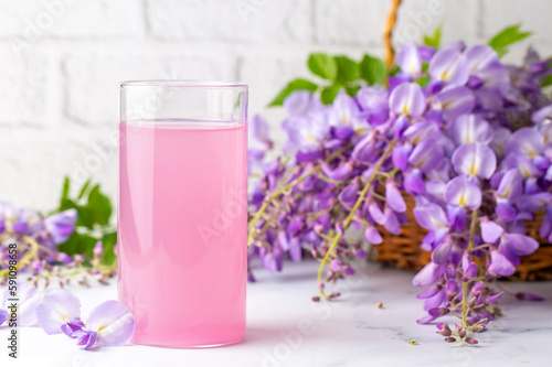 Drink for health made from Wisteria sinensis flower. Wisteria sinensis sherbet. Turkish name; Mor salkim serbeti