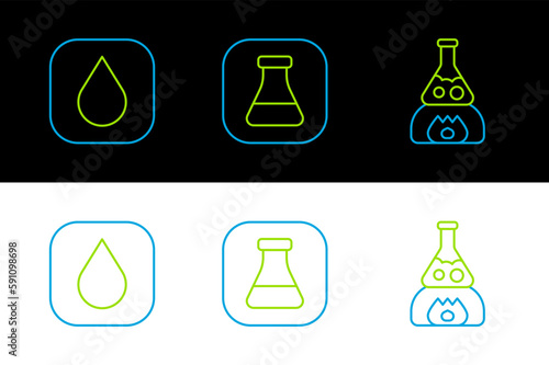 Set line Test tube flask on fire, Water drop and and icon. Vector