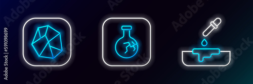 Set line Petri dish with pipette, Salt stone and Cracked flask icon. Glowing neon. Vector