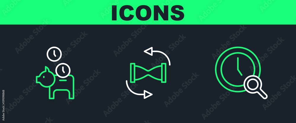 Set line Magnifying glass with clock, Piggy bank coin and Old hourglass sand icon. Vector Set line Magnifying glass with clock, Piggy bank coin and Old hourglass sand icon. Vector