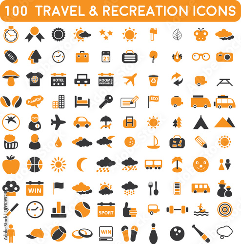 set of icons | premium travel flight icon pack with additional Recreation icon pack | Big UI icons collection in a flat design. FLAT outline signs pack. Big set of icons for design.