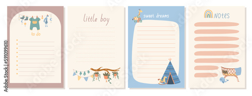 Boho baby daily planners set. Space for notes and to do list. Sheets of notebook or diary. Organization of effective educational process. Cartoon flat vector illustrations isolated on white background