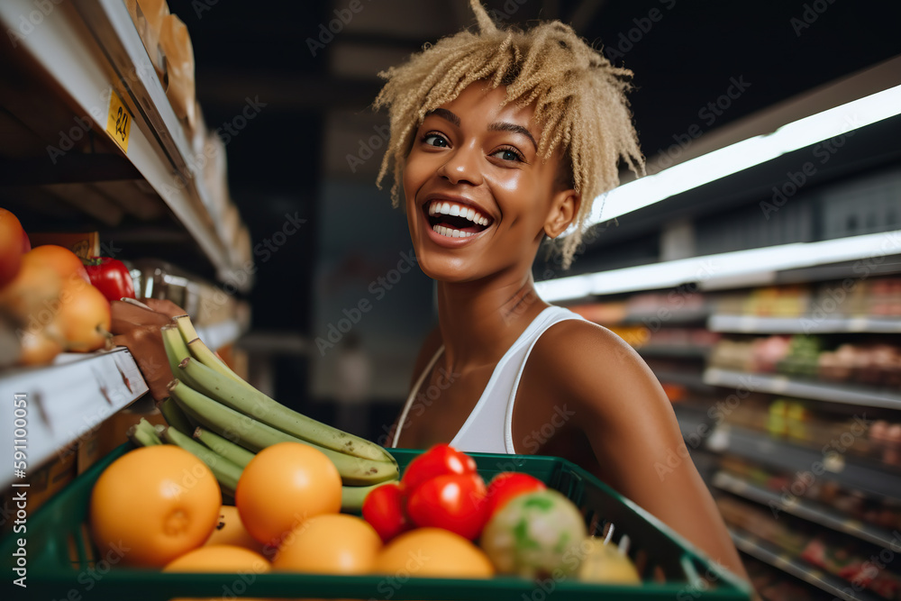 Smiling black Woman Shopping for Fresh Produce