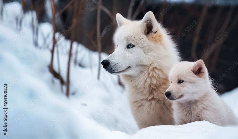 Fototapeta premium wolf baby and a puppy are enjoying each other's company while playing in the winter snow. generative AI