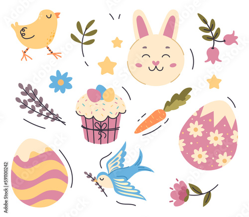 Easter element collection. Set of colorful eggs  branches and brush. Bunny  carrot and Easter cake. Spring traditional holiday. Cartoon flat vector illustrations isolated on white background