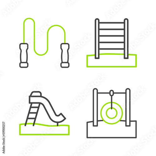 Set line Car tire hanging on rope, Kid slide, Swedish wall and Jump icon. Vector