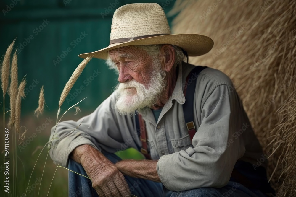 Portrait of a pensive elderly farmer sitting down, portraying his thoughtful mood, with generative AI technology Portrait of a pensive elderly farmer sitting down, portraying his thoughtful mood, with generative AI technology