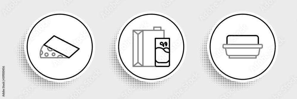 Set line Butter in a butter dish, Cheese and Paper package for milk icon. Vector Set line Butter in a butter dish, Cheese and Paper package for milk icon. Vector