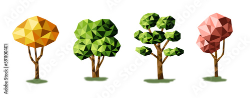 Set of low poly trees. Geometric 3D trees. Entourage elements for the landscape design. Vector.