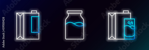 Set line Paper package for milk, kefir and Bottle with icon. Glowing neon. Vector
