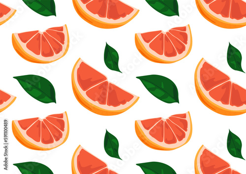 Grapefruit slices with pulp and green grapefruit leaves. Bright and modern pattern. Seamless pattern in vector. Suitable for prints and backgrounds.