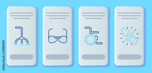 Set line Blind glasses, Wheelchair, Walking stick cane and Joint pain, knee pain icon. Vector