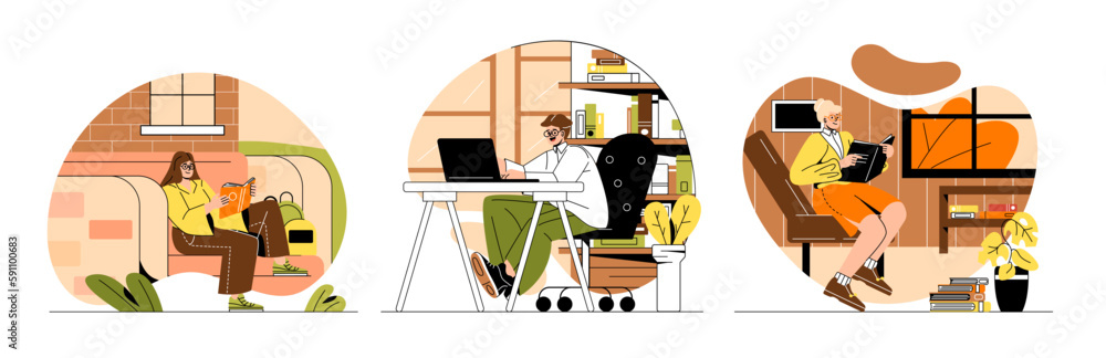 Students preparing for exam set. Young guy and girl do their homework, reading books. Collection of distance education and training. Cartoon flat vector illustrations isolated on white background
