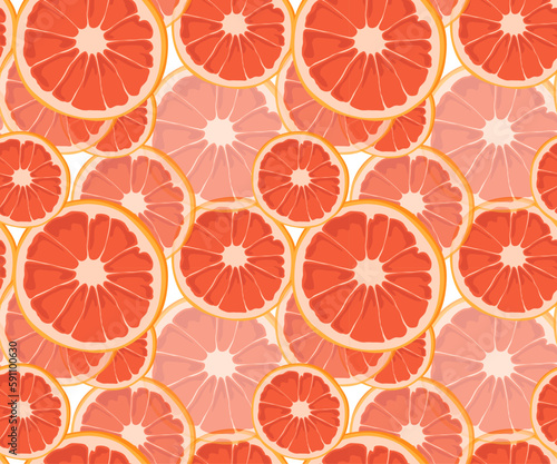 Round slices of grapefruit stacked on top of each other. Bright and modern pattern. Seamless pattern in vector. Suitable for prints and backgrounds.