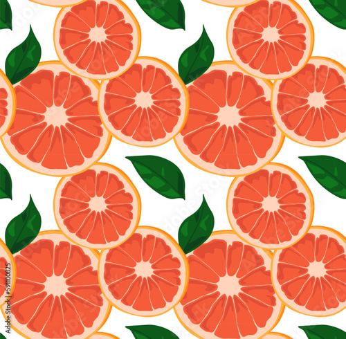 Round slices of grapefruit with green leaves. Bright and modern pattern. Seamless pattern in vector. Suitable for prints and backgrounds.