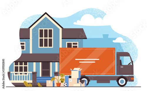 House moving concept. Truck and cardboard boxes stand near house. Ball and plant in pot near transport. Moving and services of movers and couriers. Cartoon flat vector illustration