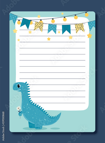 Kids diary with dino. Sheet of notebook or card with animals BC, Jurassic period. To do list and memo. Time management and organization of efficient workflow. Cartoon flat vector illustration
