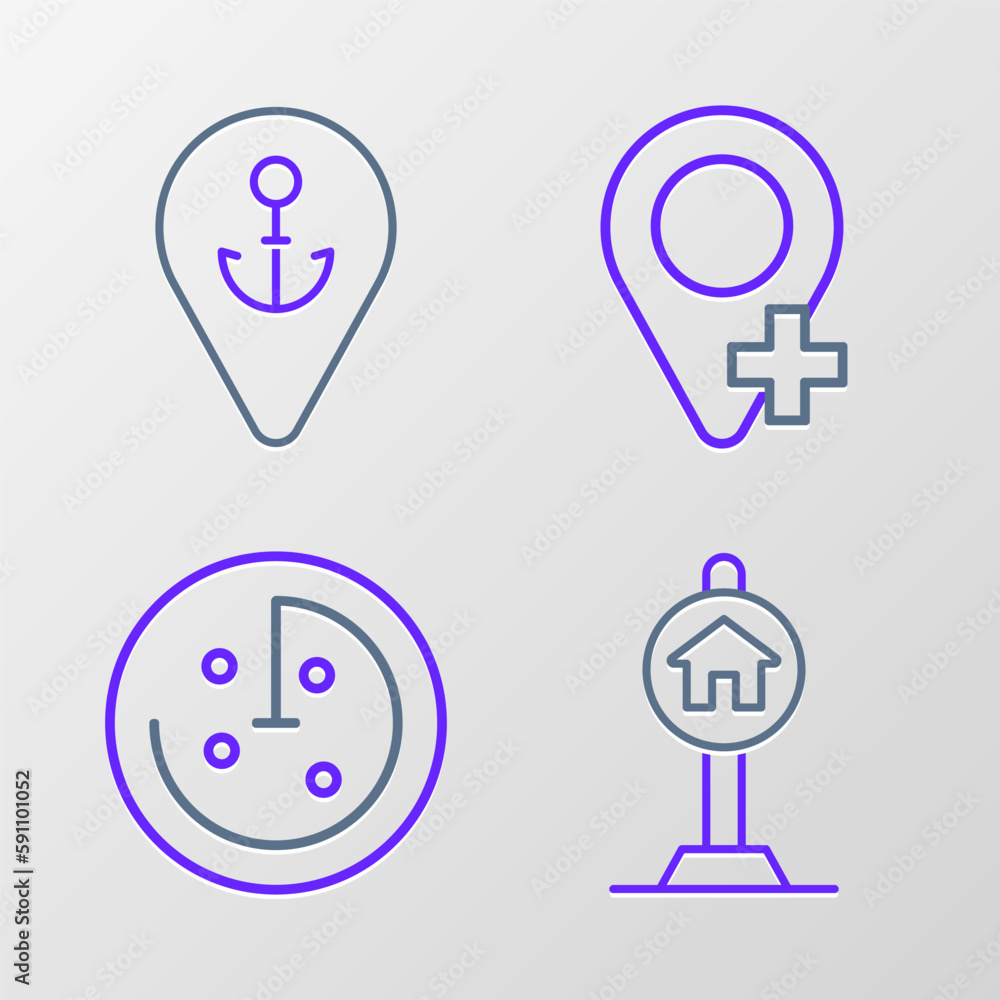 Set line Hotel sign for traffic, Radar with targets on monitor, Location and anchor icon. Vector Set line Hotel sign for traffic, Radar with targets on monitor, Location and anchor icon. Vector