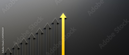Leadership and growth concept, yellow arrow standing out from the crowd of black arrows, on black background with empty copy space on right side. 3D Rendering