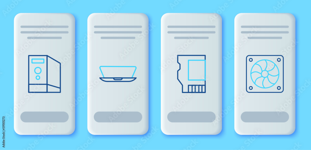 Set line Laptop, SD card, Case of computer and Computer cooler icon. Vector