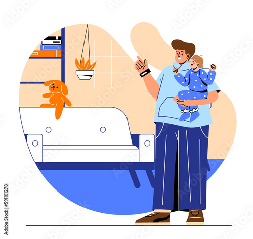 Man doing housework. Young guy stands with child in his arms near sofa and toys. Nanny with little girl and baby sitter. Household chores and routine. Cartoon flat vector illustration