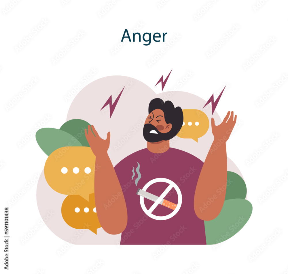 Naklejka premium Nicotine withdrawal symptom. Anger as a common effect on character